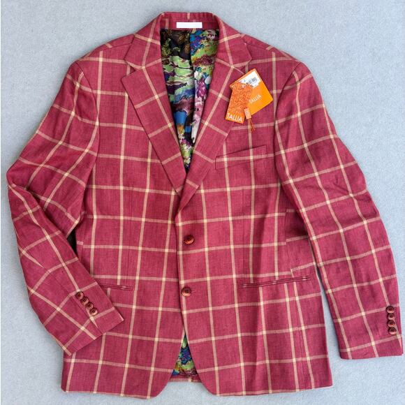 NWT Men's Tallia 100% Linen Windowpane Blazer Sportcoat 42R jacket Red/tan - Picture 1 of 10